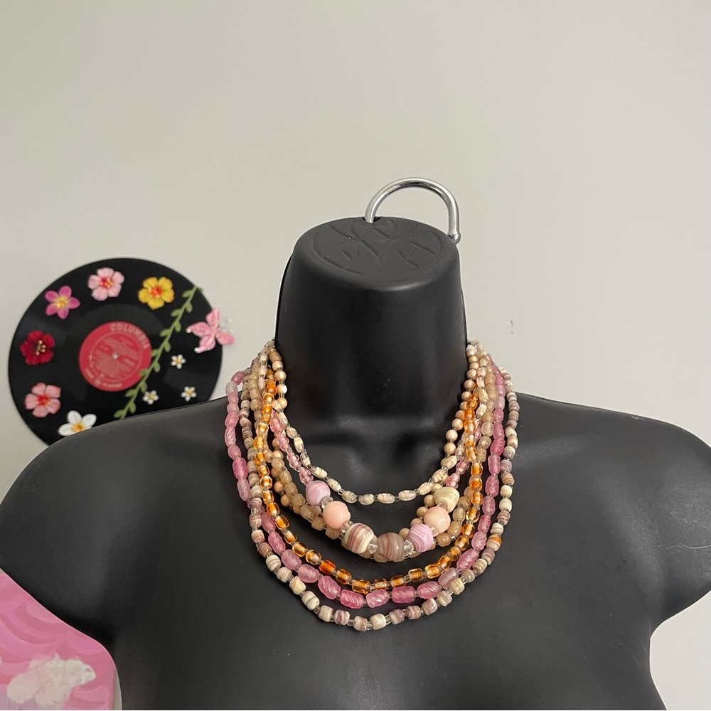 Multi-Strand Pink Beaded Statement Necklace - Women Jewelry
